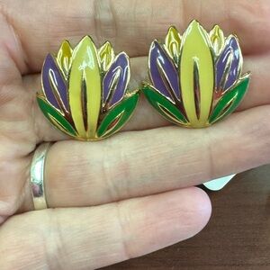 Vintage Lotus Flower Enamel Earrings - Yellow, Purple & Green